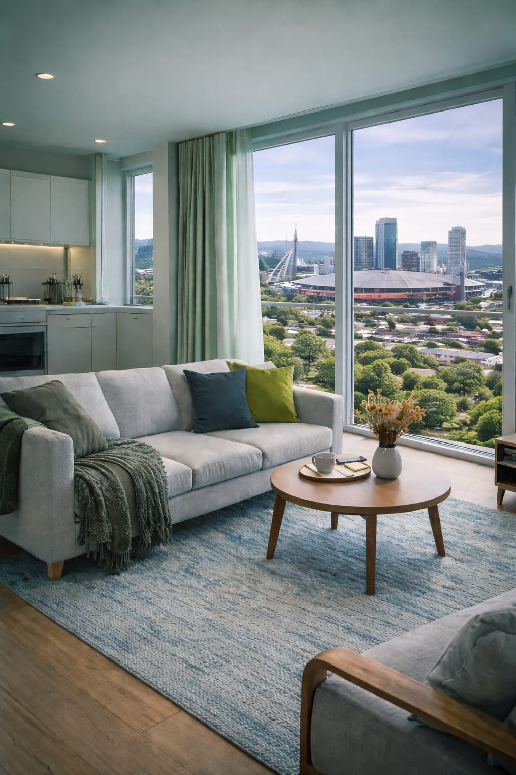Modern living room interior with city view